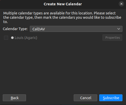 A dialog to 'Create New calendar' showing a Calendar Type dropdown with, the second option, 'CalDAV', selected, and a checkbox option with the requested calendar