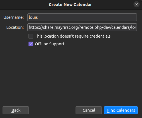 A dialog to 'Create a new calendar' with a username text field option, a location text field expecting a calendar(s) url, and two checkboxes 'This location doesn't require credentials' and 'Offline Support' with 'Offline Support' selected.