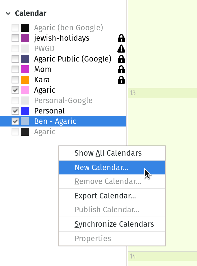 Dropdown list starting with 'Show All Calendars' with 'New Calendar...' selected.