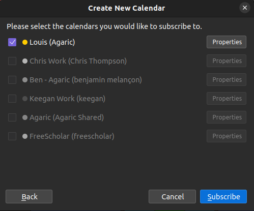 A dialog to 'Create New calendar' with checkboxes listing your calendar and all calendars shared with you.