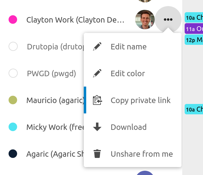 Pop-up with the appearance of a dropdown menu next to Clayton's smiling face, with the top item being Edit name and a clipboard icon with Copy private link selected.