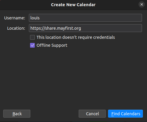 A dialog to 'Create a new calendar' with a username text field option, a location text field expecting a calendar(s) url, and two checkboxes 'This location doesn't require credentials' and 'Offline Support' with 'Offline Support' selected.